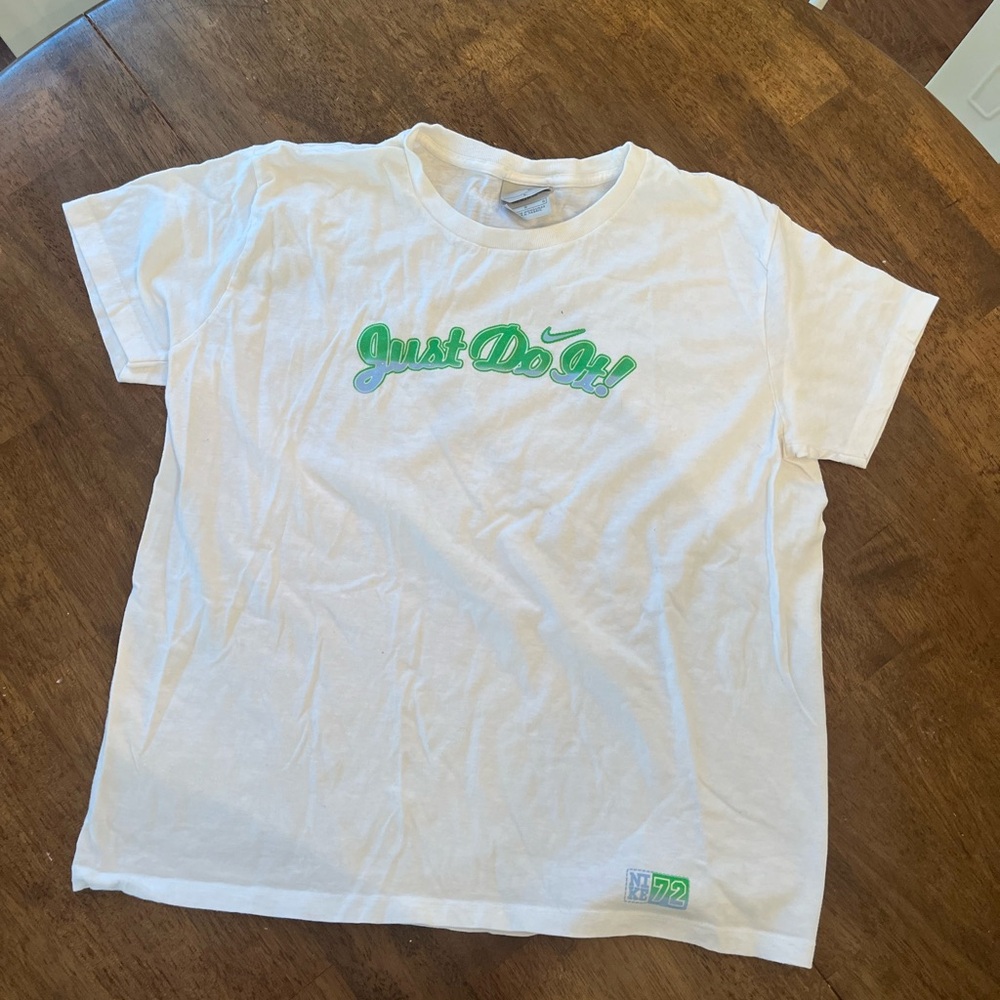 y2k Nike classic “just do it” green and white glittery women’s t shirt